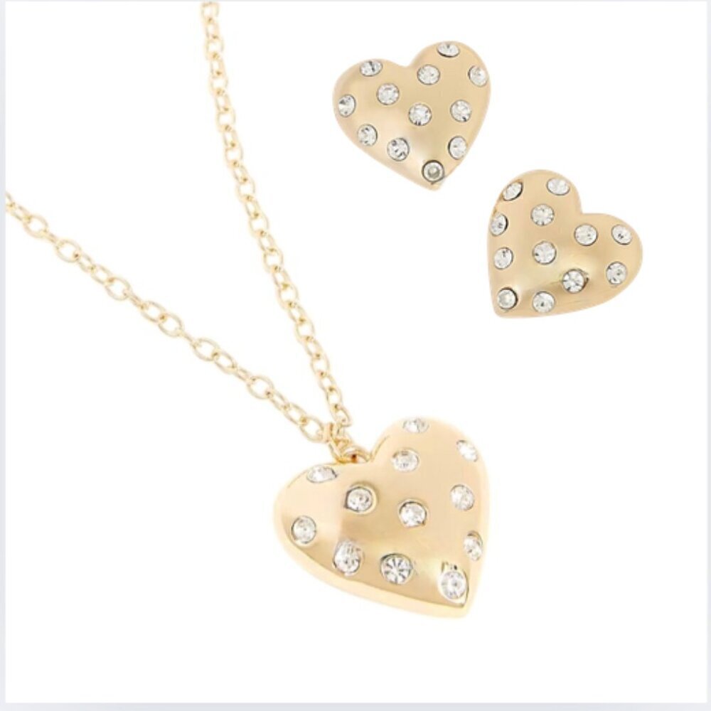 J. Crew Pavé Gold Puffy Heart Bauble Necklace and Earrings Set